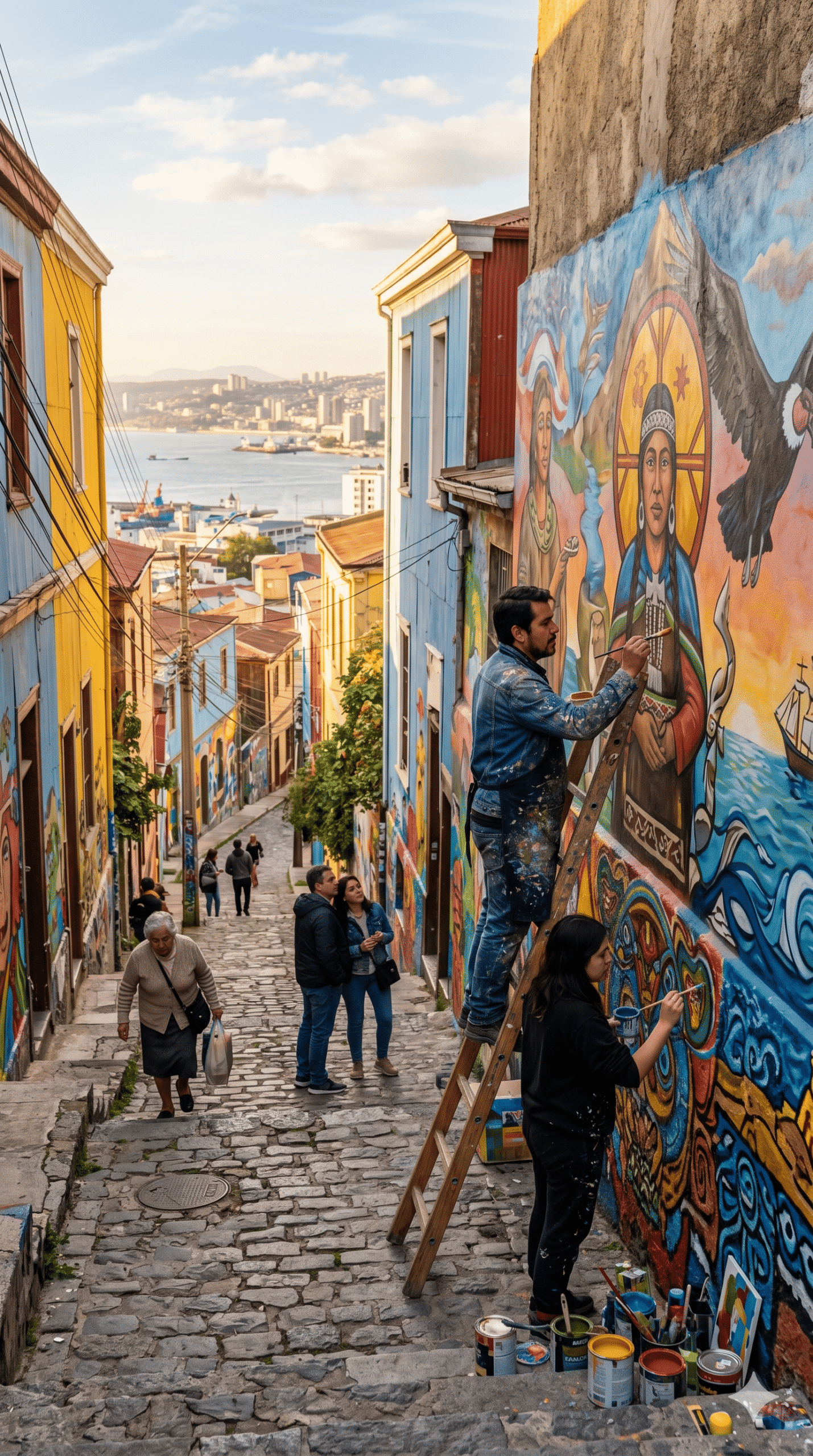 Home Ruas históricas de Valparaíso no Chile com murais coloridos e expressão artística cultural.