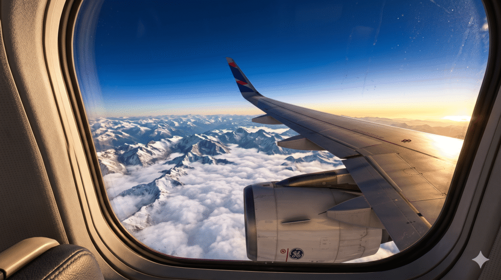 Vista da asa de um avião sobre a Cordilheira dos Andes durante voo para o Chile.