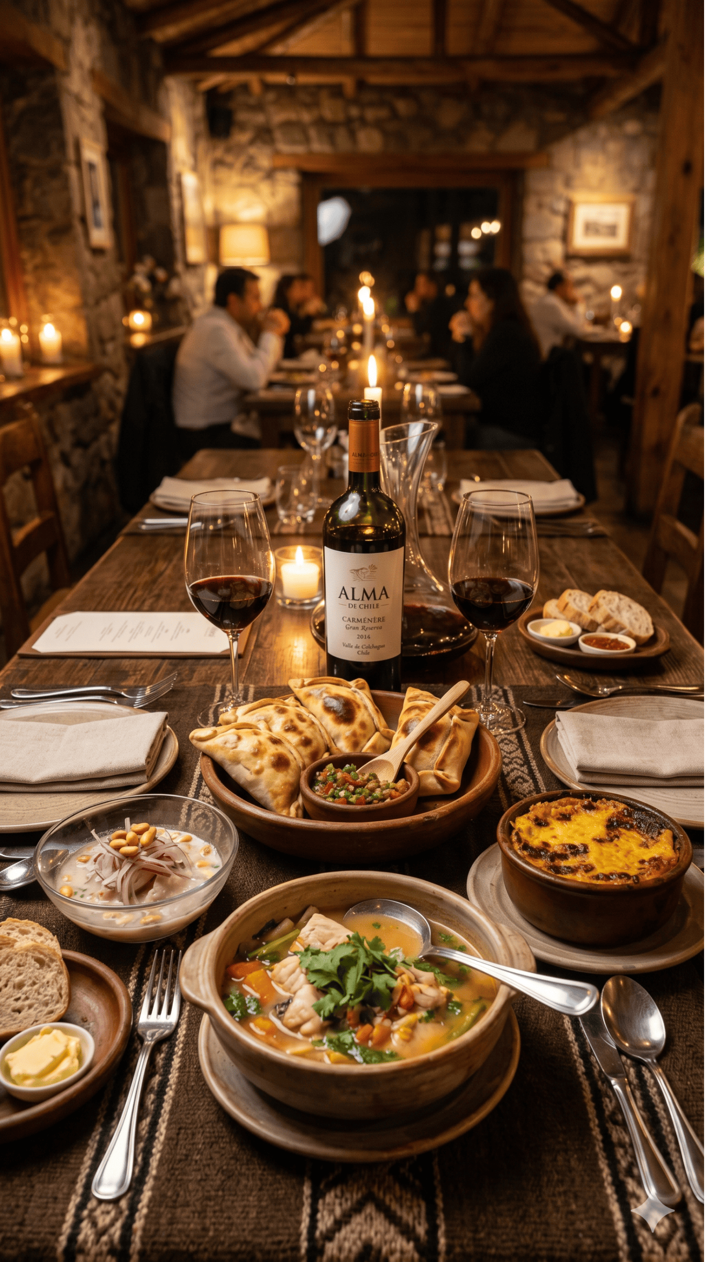Home Mesa com pratos tradicionais da culinária chilena, empanadas artesanais, vinho chileno e gastronomia típica.