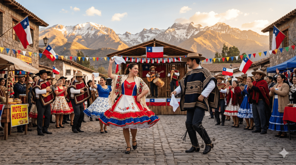 Pessoas celebrando festivais tradicionais do Chile com roupas típicas, música e expressões culturais.