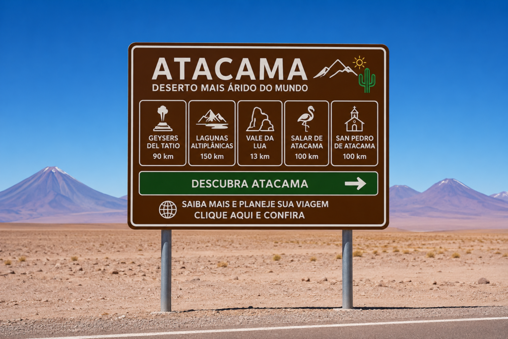 Placa informativa do Deserto do Atacama com atrações turísticas como Vale da Lua, Geysers del Tatio e Lagunas Altiplânicas