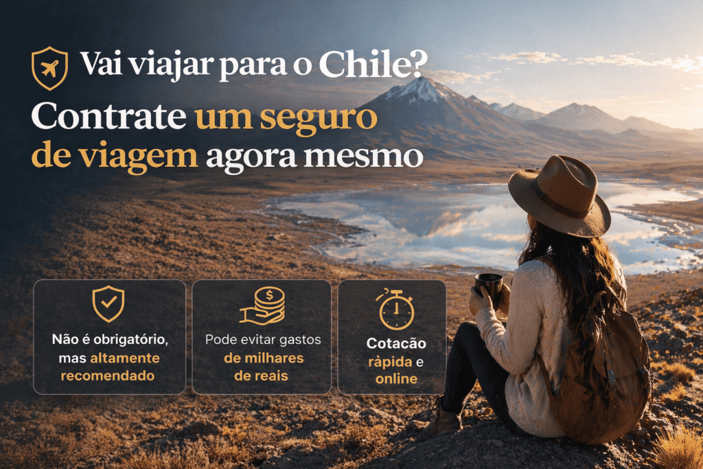 Seguro viagem para Chile com paisagem da Patagônia chilena e turista observando montanhas dos Andes ao pôr do sol pela TripChile Viagens.