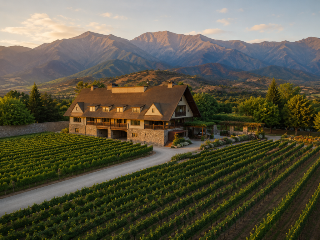 Vista aérea da Vinícola Alyan no Valle del Maipo, Chile, com plantações de uvas, vinhedos organizados, casarão de luxo e Cordilheira dos Andes ao fundo durante o pôr do sol.