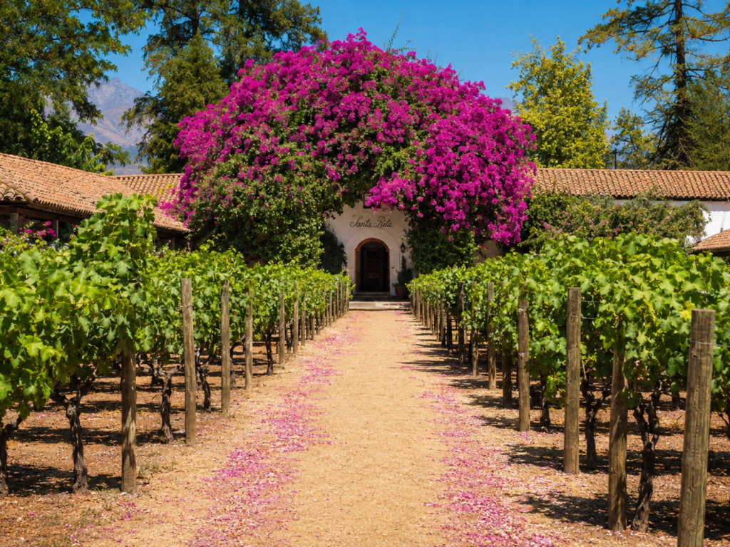 Entrada da Vinícola Santa Rita no Chile com caminho entre vinhedos, flores rosas vibrantes e arquitetura colonial cercada por plantações de uvas.