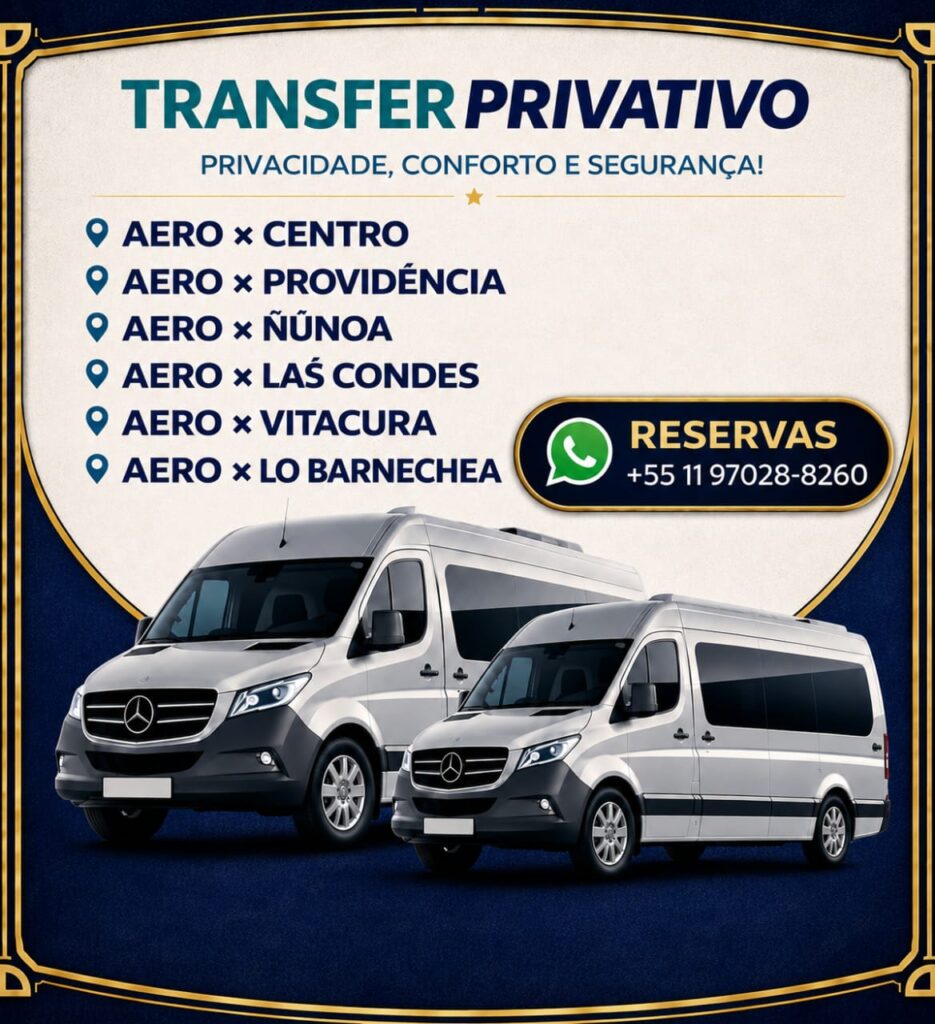 Transfer privativo entre o Aeroporto de Santiago e os bairros Centro, Providencia, Ñuñoa, Las Condes, Vitacura e Lo Barnechea no Chile.